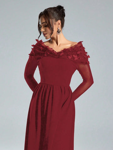 Women's Elegant Christmas Knit Black Contrast Mesh Splicing Waist Dress With Luxury Butterfly Applique