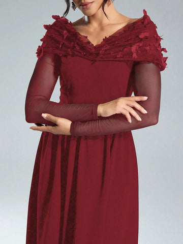 Women's Elegant Christmas Knit Black Contrast Mesh Splicing Waist Dress With Luxury Butterfly Applique