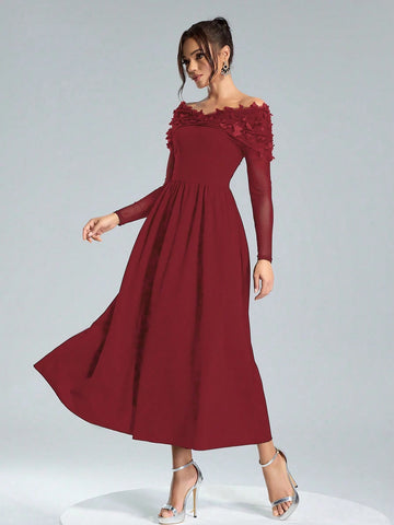 Women's Elegant Christmas Knit Black Contrast Mesh Splicing Waist Dress With Luxury Butterfly Applique