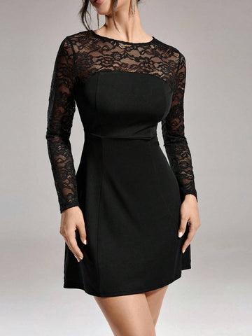 Women's Elegant Contrast Lace Long Sleeve Round Neck Formal Evening Dress (Embellished)
