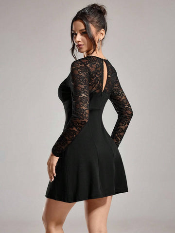 Women's Elegant Contrast Lace Long Sleeve Round Neck Formal Evening Dress (Embellished)