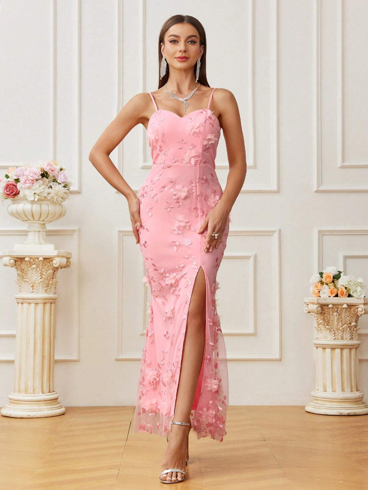 Women's Elegant Evening Dress With Standout Floral Embroidery And Thigh High Slit