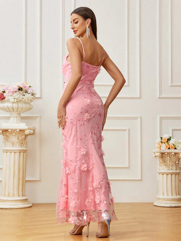 Women's Elegant Evening Dress With Standout Floral Embroidery And Thigh High Slit