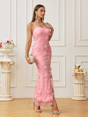 Women's Elegant Evening Dress With Standout Floral Embroidery And Thigh High Slit