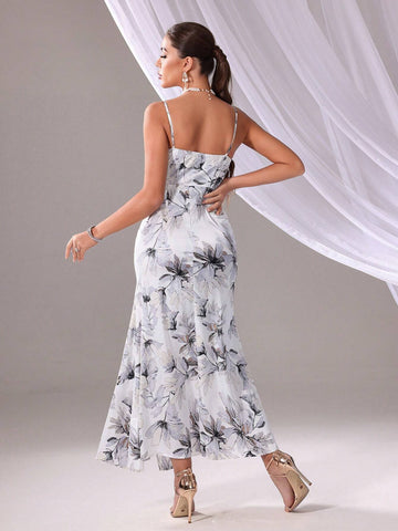 Women's Elegant Floral Printed Side Slit Long Bridesmaid Dress With Flowy Hemline (Adults)