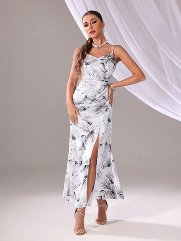 Women's Elegant Floral Printed Side Slit Long Bridesmaid Dress With Flowy Hemline (Adults)