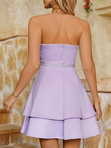 Women's Elegant Gorgeous Luxurious Purple Satin Fabric Strapless Strapless Cocktail Dress Cocktail Party Dress