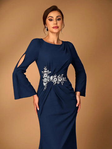 Women's Elegant Gray-Pink Chiffon Fabric Round Neck Sheer Long Sleeve Ruched Sequin Applique Detail Fishtail Hem Dress, Suitable For Mothers To Attend Wedding Ceremonies, Events, Parties And Formal Occasions As Mother Of The Bride