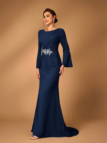 Women's Elegant Gray-Pink Chiffon Fabric Round Neck Sheer Long Sleeve Ruched Sequin Applique Detail Fishtail Hem Dress, Suitable For Mothers To Attend Wedding Ceremonies, Events, Parties And Formal Occasions As Mother Of The Bride