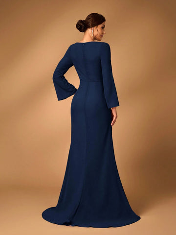 Women's Elegant Gray-Pink Chiffon Fabric Round Neck Sheer Long Sleeve Ruched Sequin Applique Detail Fishtail Hem Dress, Suitable For Mothers To Attend Wedding Ceremonies, Events, Parties And Formal Occasions As Mother Of The Bride