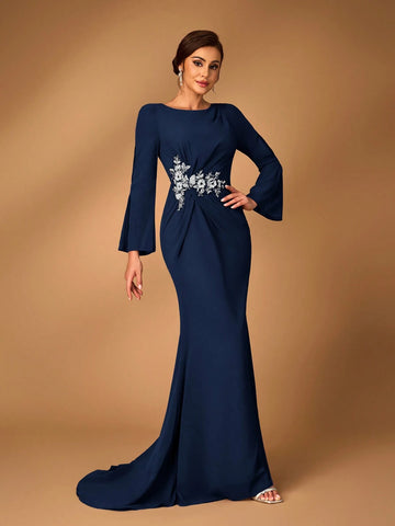 Women's Elegant Gray-Pink Chiffon Fabric Round Neck Sheer Long Sleeve Ruched Sequin Applique Detail Fishtail Hem Dress, Suitable For Mothers To Attend Wedding Ceremonies, Events, Parties And Formal Occasions As Mother Of The Bride