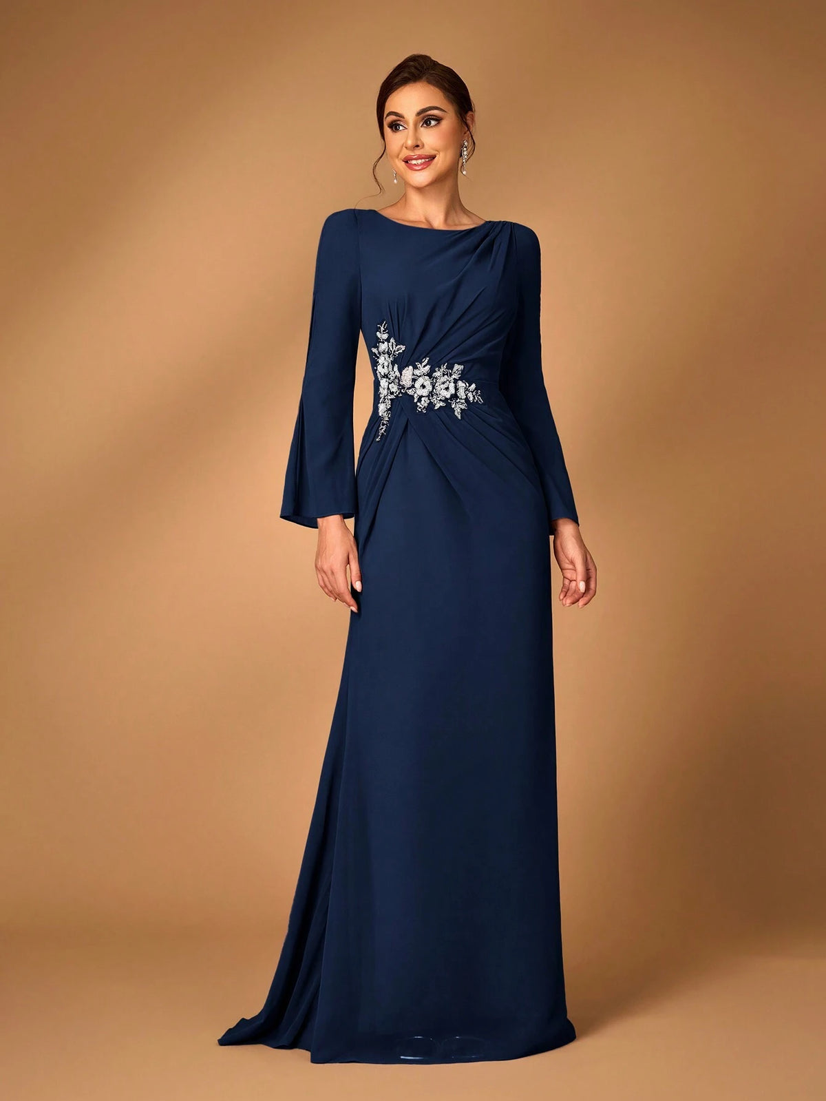 Women's Elegant Gray-Pink Chiffon Fabric Round Neck Sheer Long Sleeve Ruched Sequin Applique Detail Fishtail Hem Dress, Suitable For Mothers To Attend Wedding Ceremonies, Events, Parties And Formal Occasions As Mother Of The Bride