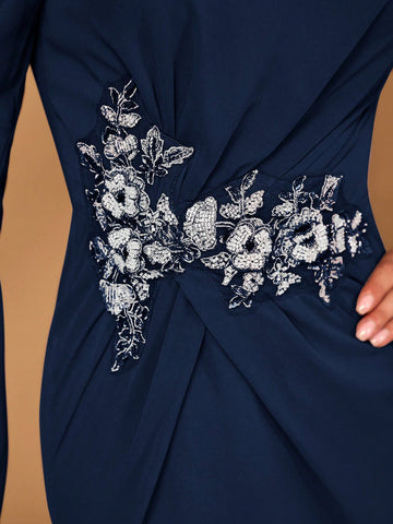 Women's Elegant Gray-Pink Chiffon Fabric Round Neck Sheer Long Sleeve Ruched Sequin Applique Detail Fishtail Hem Dress, Suitable For Mothers To Attend Wedding Ceremonies, Events, Parties And Formal Occasions As Mother Of The Bride