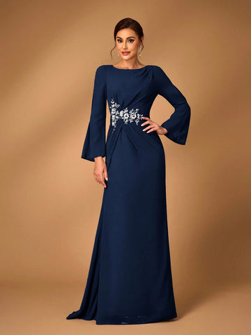 Women's Elegant Gray-Pink Chiffon Fabric Round Neck Sheer Long Sleeve Ruched Sequin Applique Detail Fishtail Hem Dress, Suitable For Mothers To Attend Wedding Ceremonies, Events, Parties And Formal Occasions As Mother Of The Bride