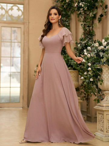 Women's Elegant Greyish Purple Pearl Chiffon Spliced Organza Sweetheart Neck A-Line Dress With Double-Layered Back And Sweetheart Neck, Suitable As A Bridesmaid Dress For Wedding Seasons, Music Festivals, Mother's Day