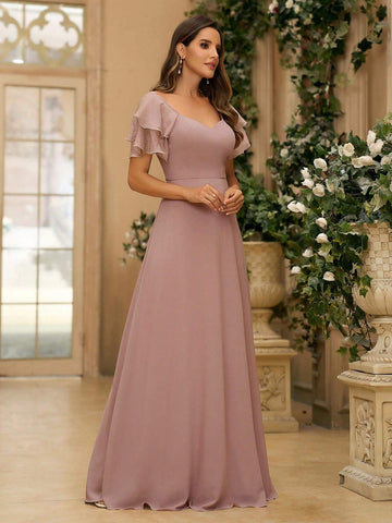 Women's Elegant Greyish Purple Pearl Chiffon Spliced Organza Sweetheart Neck A-Line Dress With Double-Layered Back And Sweetheart Neck, Suitable As A Bridesmaid Dress For Wedding Seasons, Music Festivals, Mother's Day