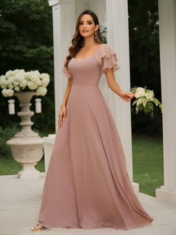Women's Elegant Greyish Purple Pearl Chiffon Spliced Organza Sweetheart Neck A-Line Dress With Double-Layered Back And Sweetheart Neck, Suitable As A Bridesmaid Dress For Wedding Seasons, Music Festivals, Mother's Day