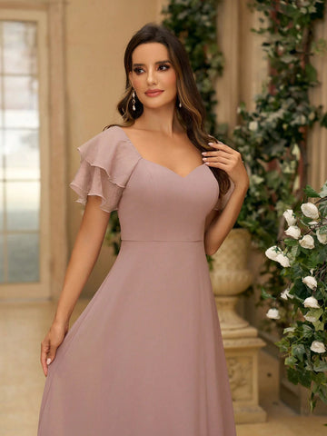 Women's Elegant Greyish Purple Pearl Chiffon Spliced Organza Sweetheart Neck A-Line Dress With Double-Layered Back And Sweetheart Neck, Suitable As A Bridesmaid Dress For Wedding Seasons, Music Festivals, Mother's Day