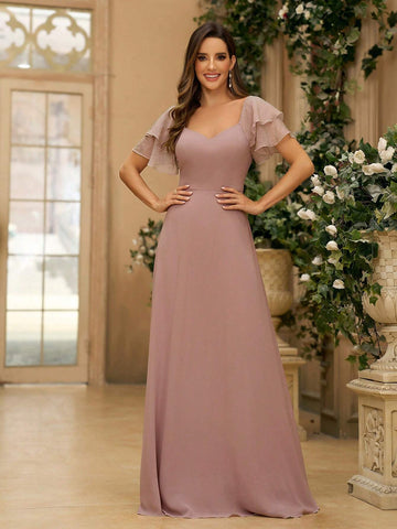 Women's Elegant Greyish Purple Pearl Chiffon Spliced Organza Sweetheart Neck A-Line Dress With Double-Layered Back And Sweetheart Neck, Suitable As A Bridesmaid Dress For Wedding Seasons, Music Festivals, Mother's Day