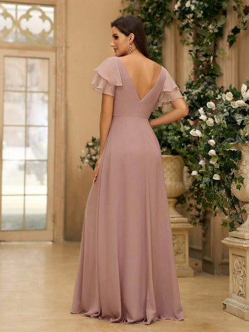 Women's Elegant Greyish Purple Pearl Chiffon Spliced Organza Sweetheart Neck A-Line Dress With Double-Layered Back And Sweetheart Neck, Suitable As A Bridesmaid Dress For Wedding Seasons, Music Festivals, Mother's Day