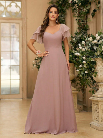 Women's Elegant Greyish Purple Pearl Chiffon Spliced Organza Sweetheart Neck A-Line Dress With Double-Layered Back And Sweetheart Neck, Suitable As A Bridesmaid Dress For Wedding Seasons, Music Festivals, Mother's Day