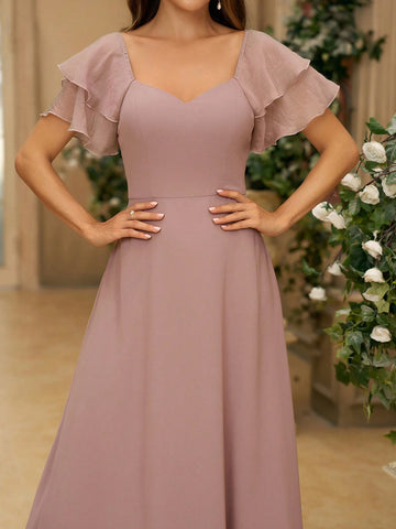 Women's Elegant Greyish Purple Pearl Chiffon Spliced Organza Sweetheart Neck A-Line Dress With Double-Layered Back And Sweetheart Neck, Suitable As A Bridesmaid Dress For Wedding Seasons, Music Festivals, Mother's Day