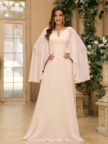 Women's Elegant In Beige Chiffon Fabric With Hollow Out Front V-Neckline Flared Sleeves And A-Line Skirt Houlder For Wedding Occasion Back To School Music Festival Bridesmaid Dress