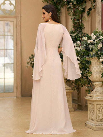 Women's Elegant In Beige Chiffon Fabric With Hollow Out Front V-Neckline Flared Sleeves And A-Line Skirt Houlder For Wedding Occasion Back To School Music Festival Bridesmaid Dress