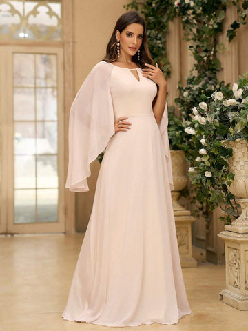 Women's Elegant In Beige Chiffon Fabric With Hollow Out Front V-Neckline Flared Sleeves And A-Line Skirt Houlder For Wedding Occasion Back To School Music Festival Bridesmaid Dress