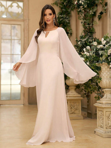 Women's Elegant In Beige Chiffon Fabric With Hollow Out Front V-Neckline Flared Sleeves And A-Line Skirt Houlder For Wedding Occasion Back To School Music Festival Bridesmaid Dress