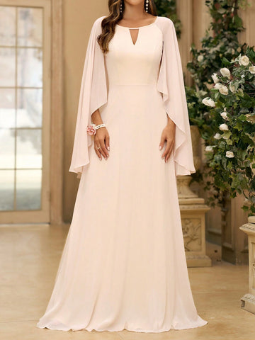 Women's Elegant In Beige Chiffon Fabric With Hollow Out Front V-Neckline Flared Sleeves And A-Line Skirt Houlder For Wedding Occasion Back To School Music Festival Bridesmaid Dress