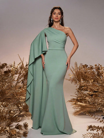 Women's Elegant Kidney Bean Green Elastic Knitted Fabric One Shoulder Ruched Asymmetrical Ruffle Extra-Long Flare Sleeve Mini Fishtail Dress, Suitable For Wedding Party And Formal Bridesmaid Attire
