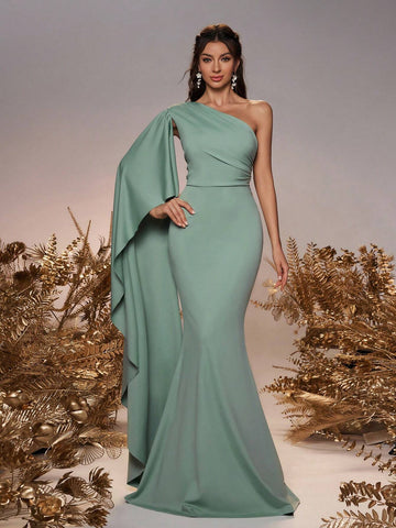 Women's Elegant Kidney Bean Green Elastic Knitted Fabric One Shoulder Ruched Asymmetrical Ruffle Extra-Long Flare Sleeve Mini Fishtail Dress, Suitable For Wedding Party And Formal Bridesmaid Attire