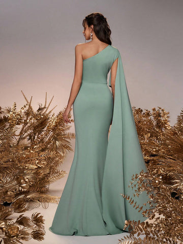 Women's Elegant Kidney Bean Green Elastic Knitted Fabric One Shoulder Ruched Asymmetrical Ruffle Extra-Long Flare Sleeve Mini Fishtail Dress, Suitable For Wedding Party And Formal Bridesmaid Attire