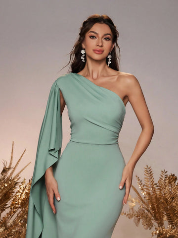 Women's Elegant Kidney Bean Green Elastic Knitted Fabric One Shoulder Ruched Asymmetrical Ruffle Extra-Long Flare Sleeve Mini Fishtail Dress, Suitable For Wedding Party And Formal Bridesmaid Attire