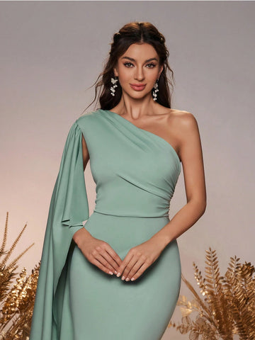 Women's Elegant Kidney Bean Green Elastic Knitted Fabric One Shoulder Ruched Asymmetrical Ruffle Extra-Long Flare Sleeve Mini Fishtail Dress, Suitable For Wedding Party And Formal Bridesmaid Attire