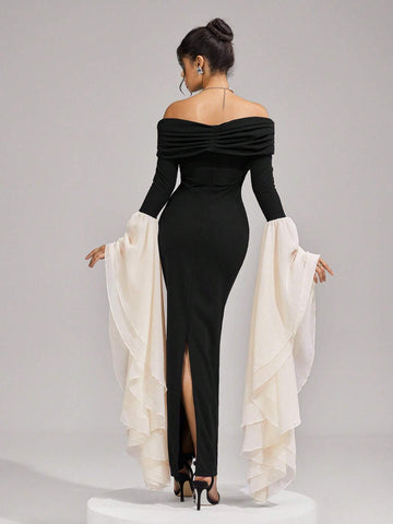 Women's Elegant Knitted Black Patchwork Waist Rhinestone Buckle Pencil Dress