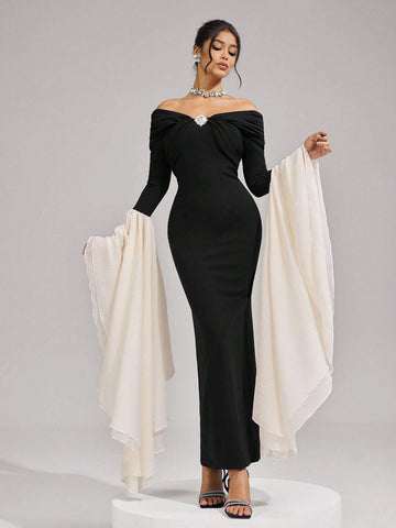 Women's Elegant Knitted Black Patchwork Waist Rhinestone Buckle Pencil Dress