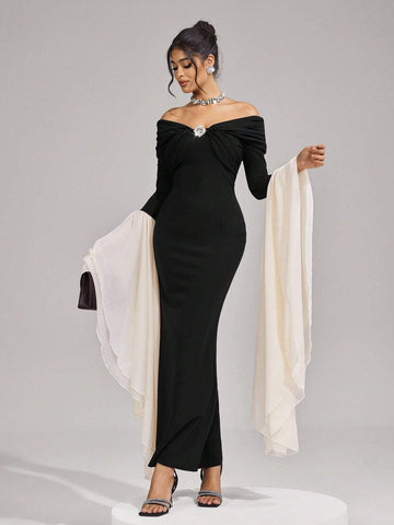 Women's Elegant Knitted Black Patchwork Waist Rhinestone Buckle Pencil Dress