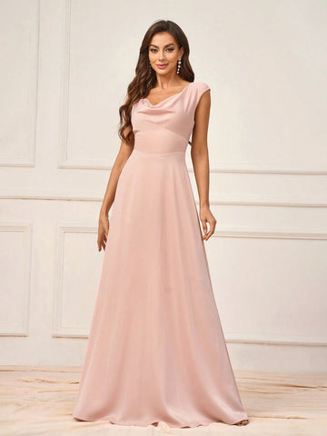 Women's Elegant Lotus Pink Satin Fabric With Swing Collar And Chest Cup Small Cap Sleeves Waist Stitching To Show Waist A-Line Back Round Neck Suitable For Wedding Events Formal Bridesmaid Dresses