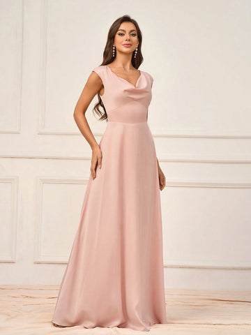 Women's Elegant Lotus Pink Satin Fabric With Swing Collar And Chest Cup Small Cap Sleeves Waist Stitching To Show Waist A-Line Back Round Neck Suitable For Wedding Events Formal Bridesmaid Dresses