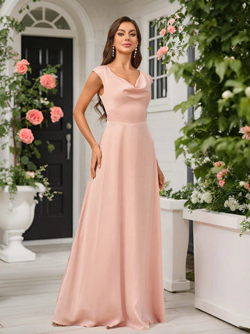 Women's Elegant Lotus Pink Satin Fabric With Swing Collar And Chest Cup Small Cap Sleeves Waist Stitching To Show Waist A-Line Back Round Neck Suitable For Wedding Events Formal Bridesmaid Dresses
