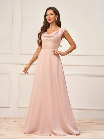 Women's Elegant Lotus Pink Satin Fabric With Swing Collar And Chest Cup Small Cap Sleeves Waist Stitching To Show Waist A-Line Back Round Neck Suitable For Wedding Events Formal Bridesmaid Dresses