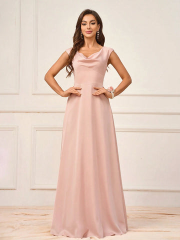 Women's Elegant Lotus Pink Satin Fabric With Swing Collar And Chest Cup Small Cap Sleeves Waist Stitching To Show Waist A-Line Back Round Neck Suitable For Wedding Events Formal Bridesmaid Dresses