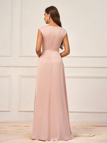 Women's Elegant Lotus Pink Satin Fabric With Swing Collar And Chest Cup Small Cap Sleeves Waist Stitching To Show Waist A-Line Back Round Neck Suitable For Wedding Events Formal Bridesmaid Dresses
