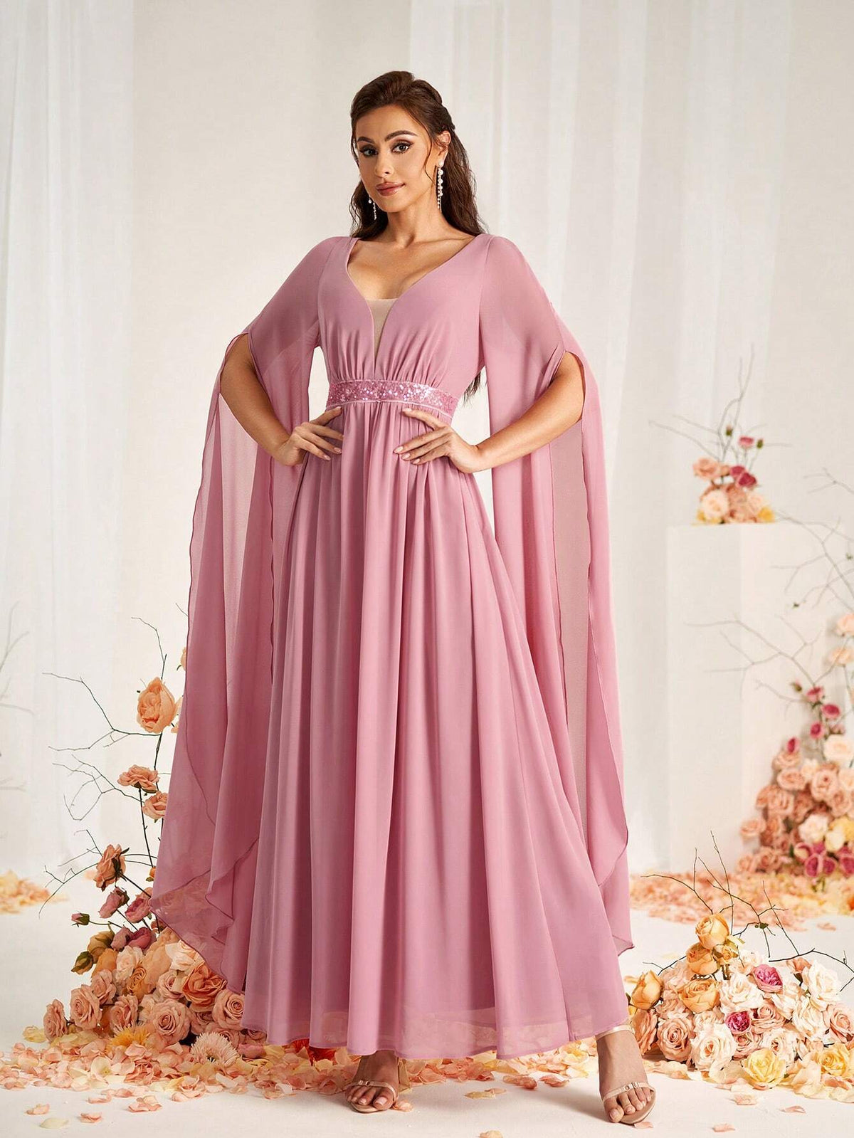 Women's Elegant Lotus Root Pink Chiffon Fabric With Fine Shiny Sequin Trim Decorative Waistband, Deep V-Neck, Nude Mesh Panel Combination, Extra Long Bishop Sleeves With Slit, A-Line Hem Suitable For Wedding Party Formal Bridesmaid Dress