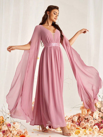 Women's Elegant Lotus Root Pink Chiffon Fabric With Fine Shiny Sequin Trim Decorative Waistband, Deep V-Neck, Nude Mesh Panel Combination, Extra Long Bishop Sleeves With Slit, A-Line Hem Suitable For Wedding Party Formal Bridesmaid Dress