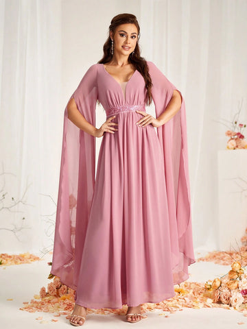 Women's Elegant Lotus Root Pink Chiffon Fabric With Fine Shiny Sequin Trim Decorative Waistband, Deep V-Neck, Nude Mesh Panel Combination, Extra Long Bishop Sleeves With Slit, A-Line Hem Suitable For Wedding Party Formal Bridesmaid Dress