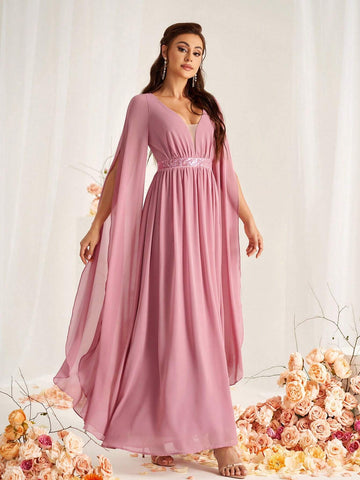 Women's Elegant Lotus Root Pink Chiffon Fabric With Fine Shiny Sequin Trim Decorative Waistband, Deep V-Neck, Nude Mesh Panel Combination, Extra Long Bishop Sleeves With Slit, A-Line Hem Suitable For Wedding Party Formal Bridesmaid Dress