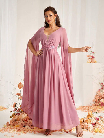 Women's Elegant Lotus Root Pink Chiffon Fabric With Fine Shiny Sequin Trim Decorative Waistband, Deep V-Neck, Nude Mesh Panel Combination, Extra Long Bishop Sleeves With Slit, A-Line Hem Suitable For Wedding Party Formal Bridesmaid Dress